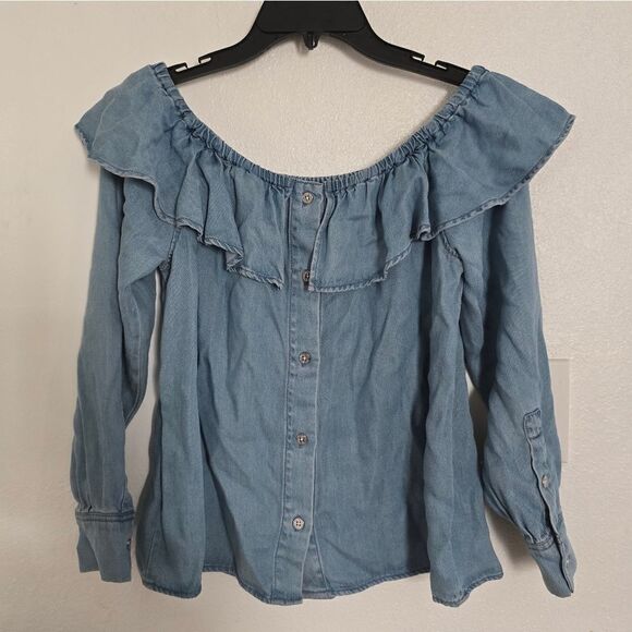 7 For All Mankind Blue Chambray Off The Shoulder Top Size Small - Picture 3 of 8